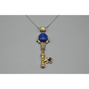 Key Pendant Lapis Lazuli Accents SV 925 NH Stamp Sterling Silver Chain Vermeil
